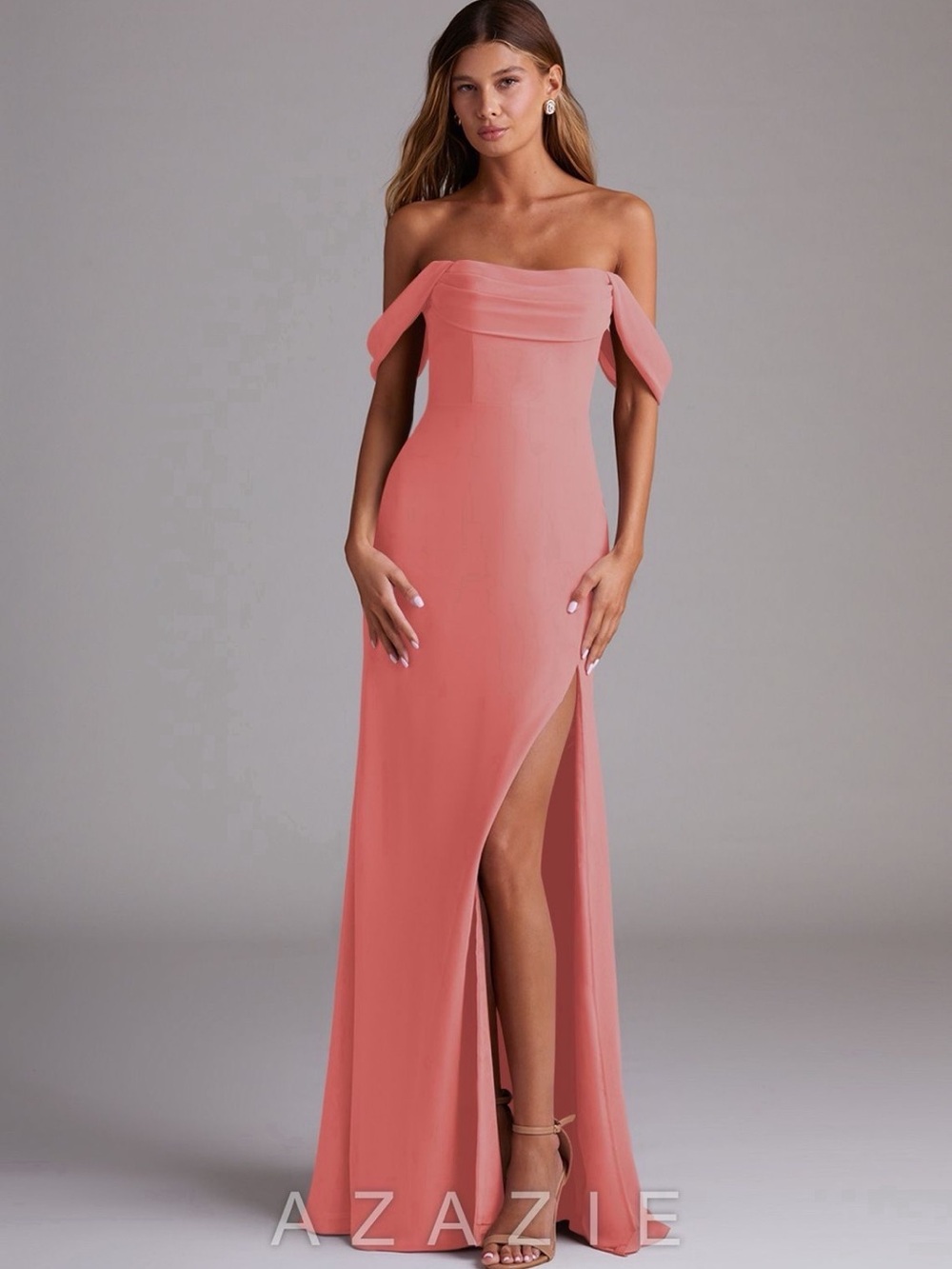 NWOT Azazie Coral Strapless Bridesmaids Dress with Off-Shoulder Drapes